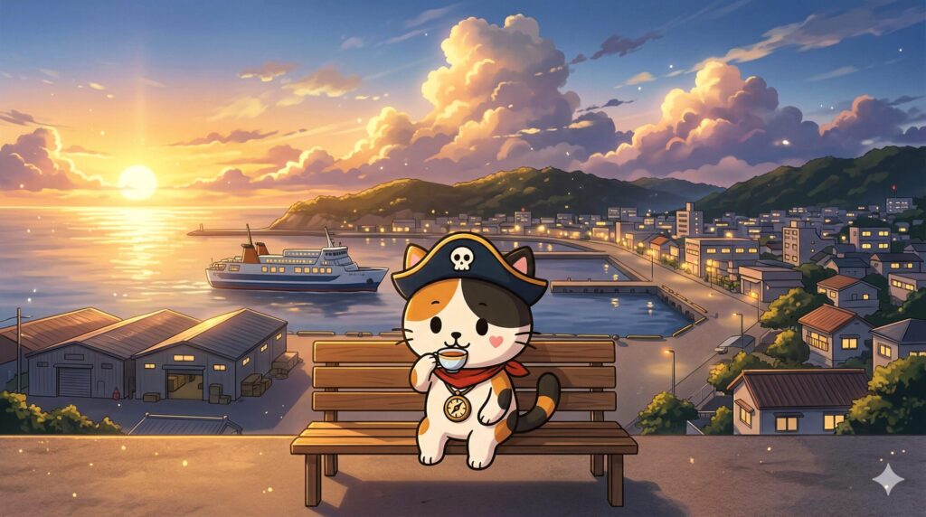 夕景で紅茶を飲むココロ船長