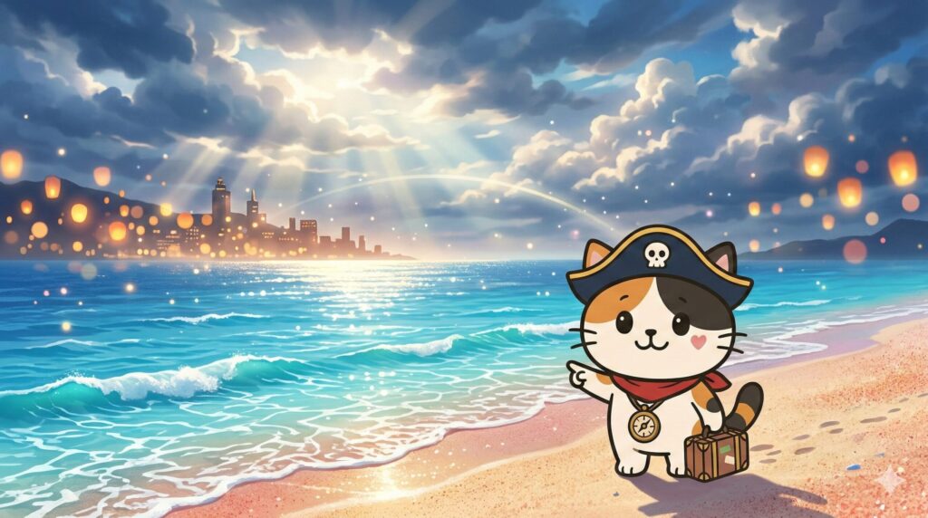 宮古ブルーの海と遠景の台湾らしい街の灯りをつなぐ風景の中で、周遊のイメージを案内しているココロ船長