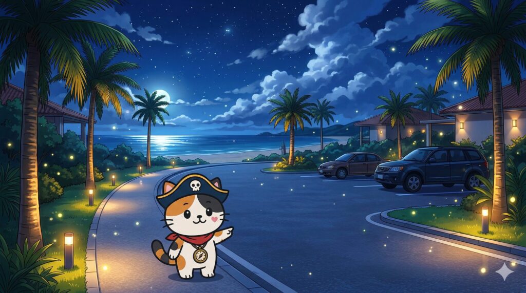 夜の駐車場の方向を示すココロ船長