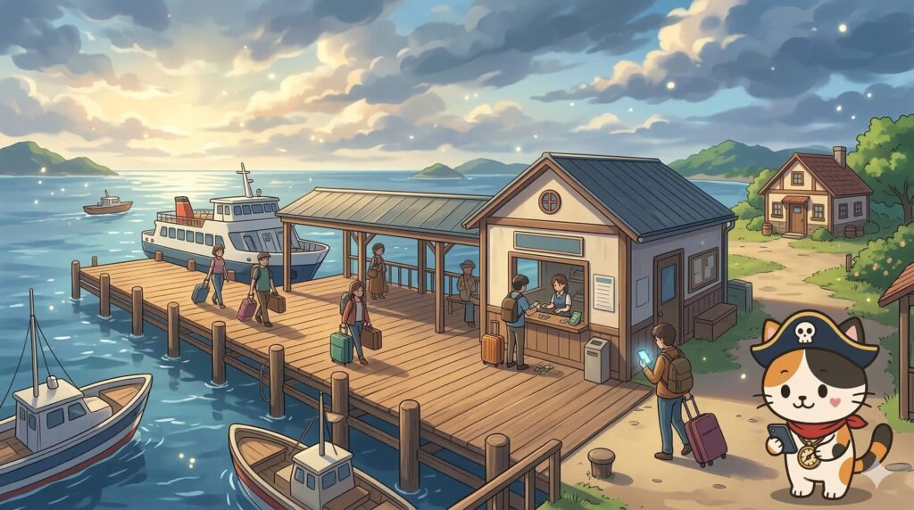 現地支払いの準備をしているココロ船長