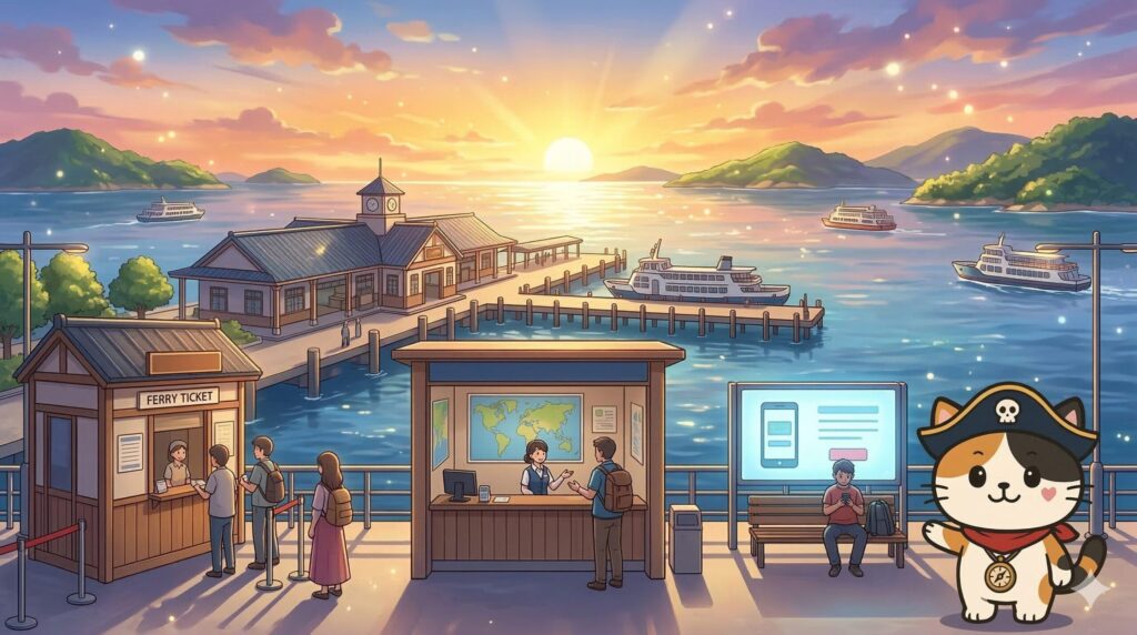 3つの支払い方法を案内しているココロ船長