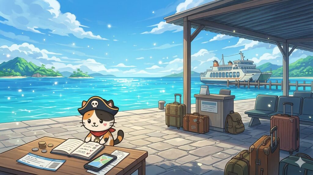 出発前の持ち物と支払い確認をしているココロ船長