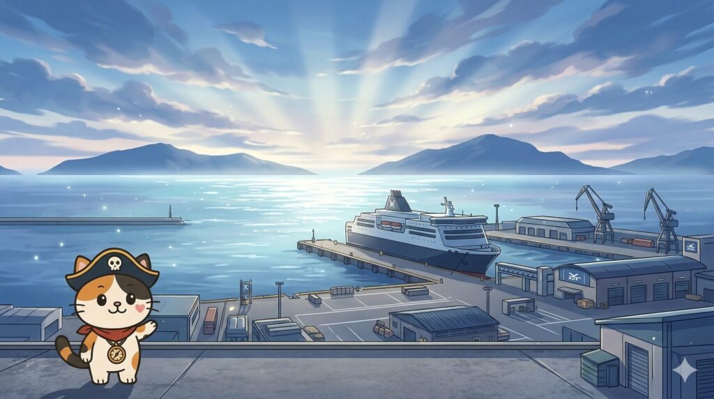 北の港で新造船の話題を案内するココロ船長