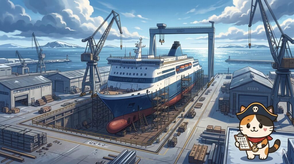 建造中の新造船と港を確認するココロ船長