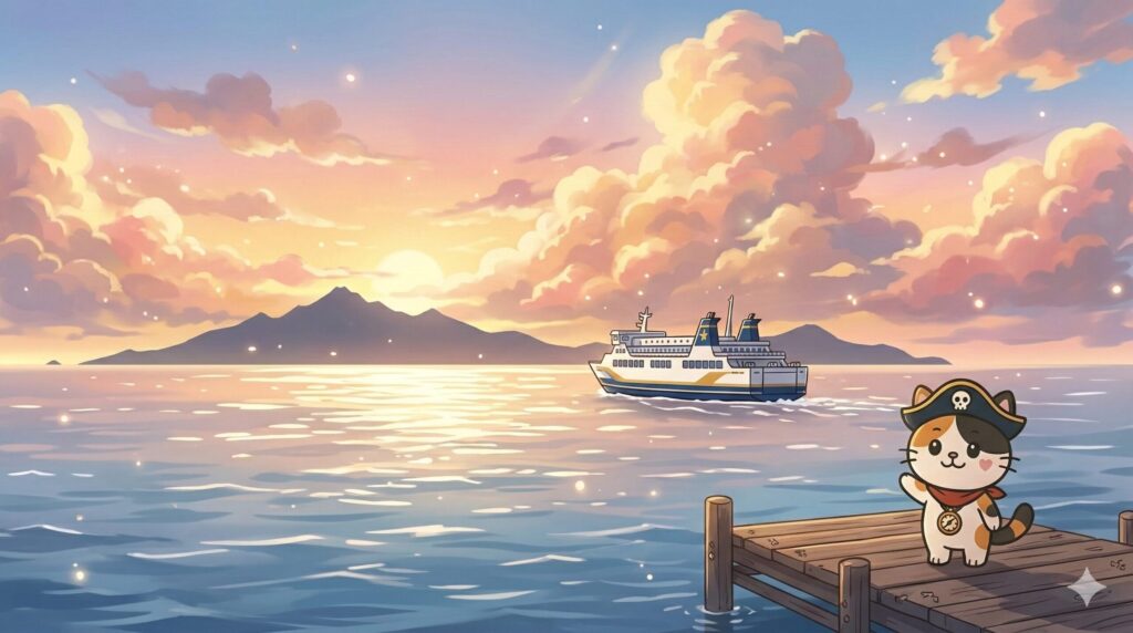 朝焼けの海を進む新造船を眺めるココロ船長