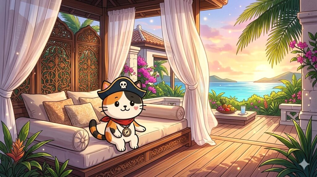 テラスでくつろぐココロ船長