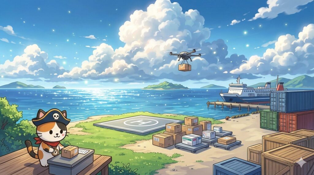 港の発着拠点で荷物を確認するココロ船長