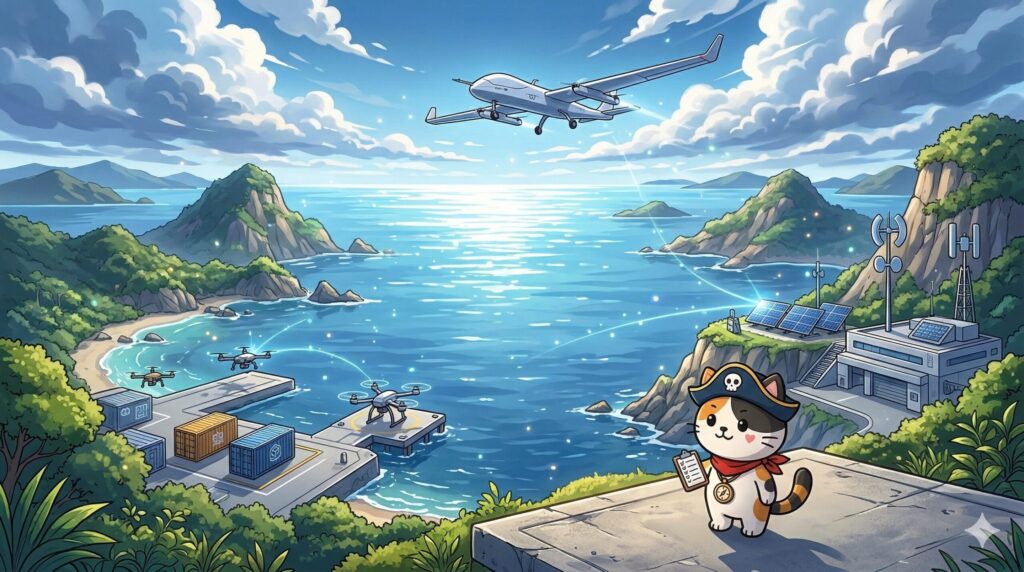 実証拠点の港で飛行を見守るココロ船長