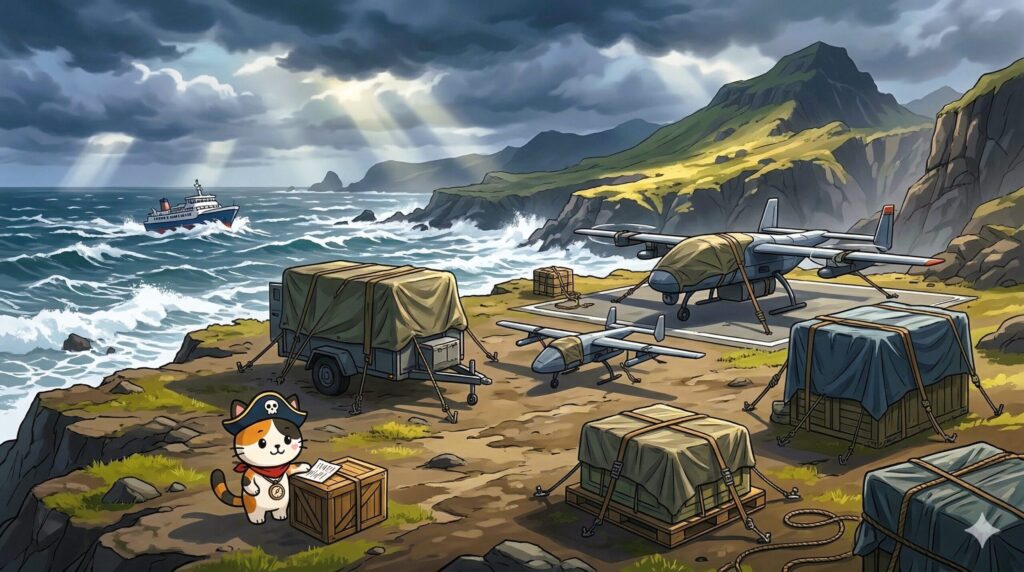 強風の港で飛べないドローンを見守るココロ船長