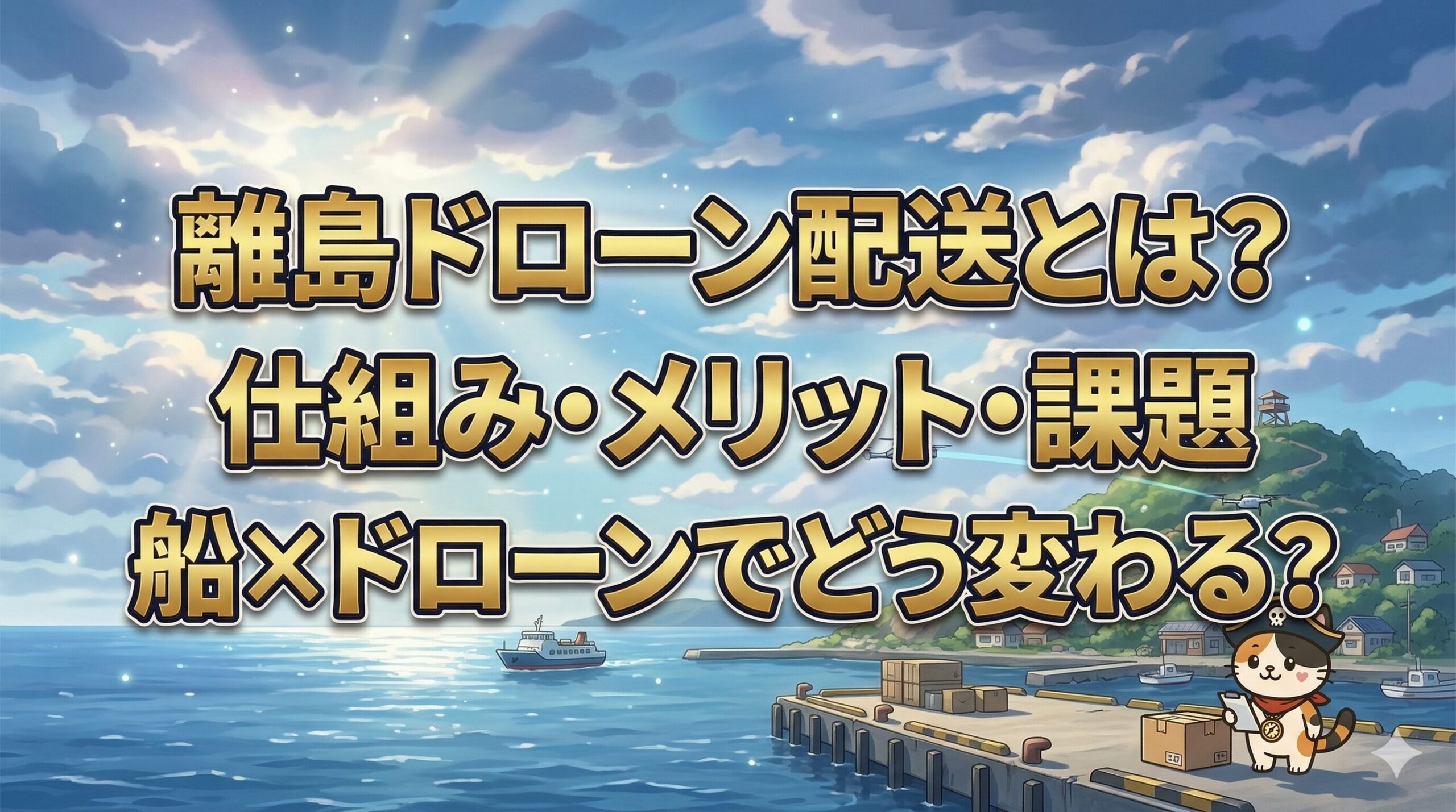 離島の港でドローン配送の流れを見守っているココロ船長