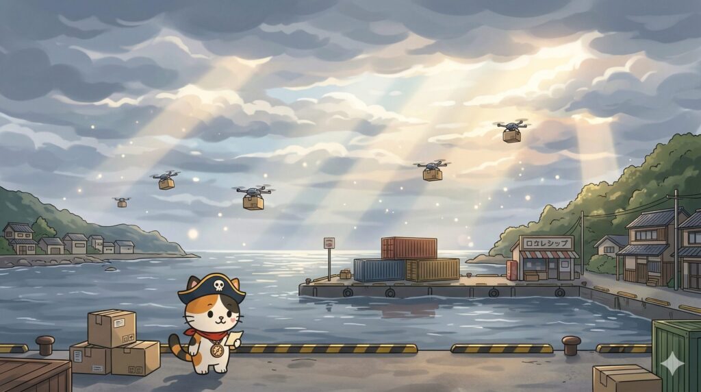 離島の港で物流の課題を見つめているココロ船長