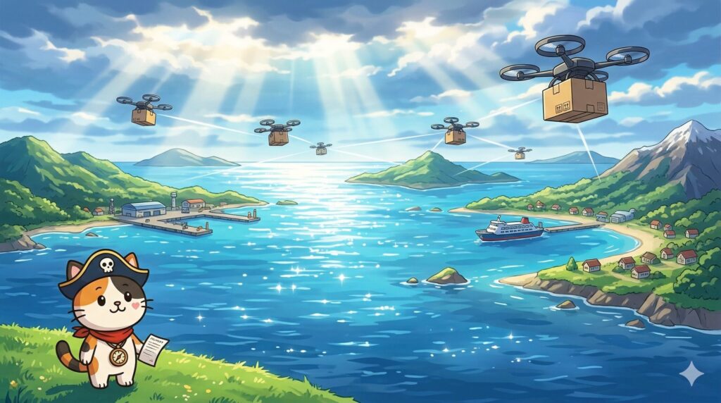 離島の空を行き交うドローンを見上げるココロ船長