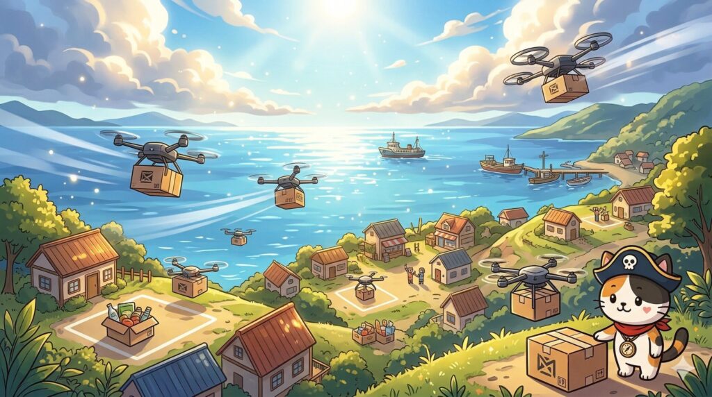 日用品が届く島の集落で荷物を受け取るココロ船長