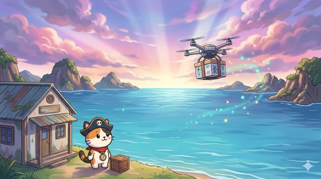 海辺の診療所で医療ドローンを見守るココロ船長