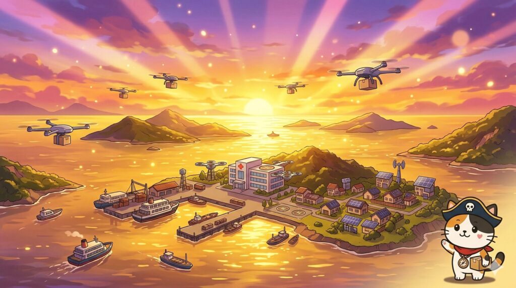 夕暮れの離島の空を見上げるココロ船長