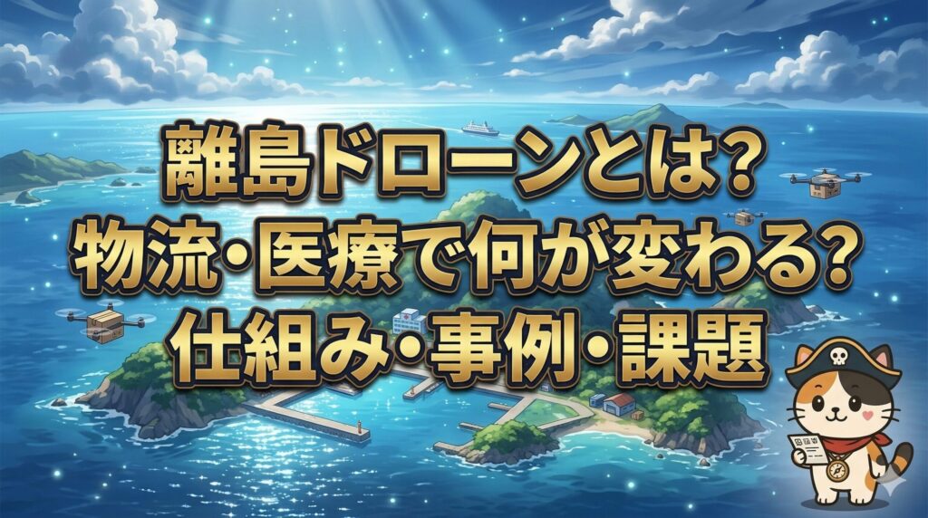 離島間を飛ぶドローンと港を背景に小さく立つココロ船長