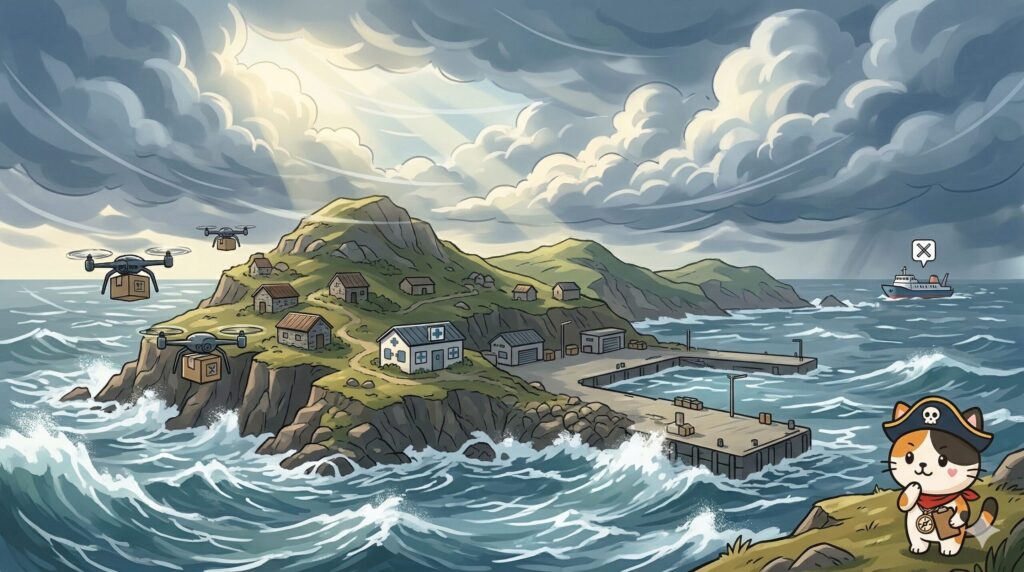 荒れた海と離島の空を見ながら考えるココロ船長