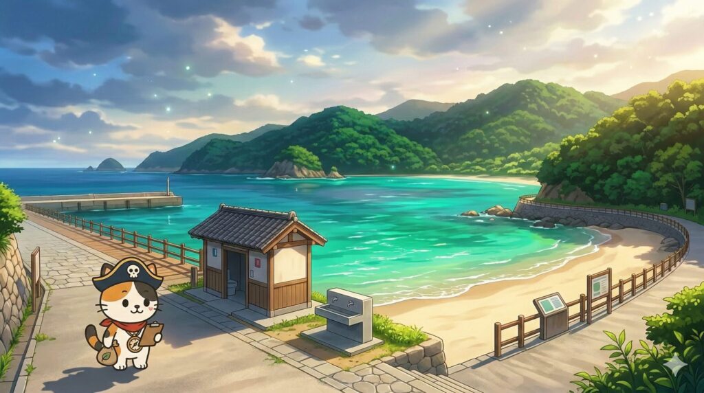 整えられた離島の風景の中で見回りをしているココロ船長