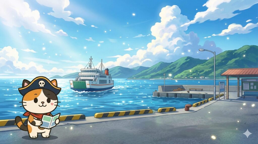 離島の港で旅の案内を見ているココロ船長
