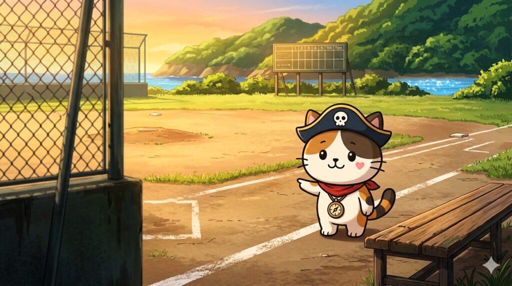 島の球場を示すココロ船長