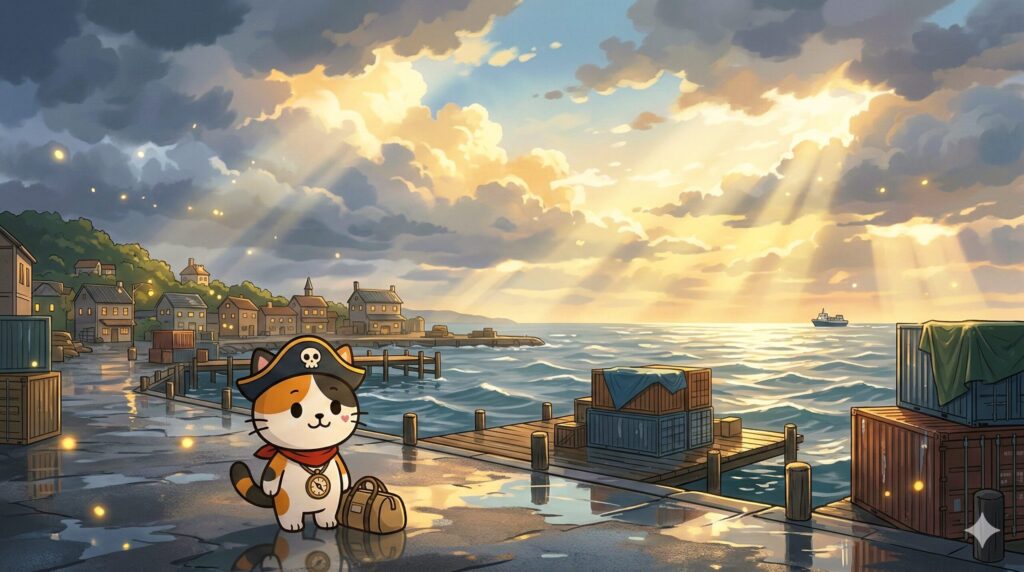 嵐が落ち着き始めた離島の港で備えを整えて佇むココロ船長