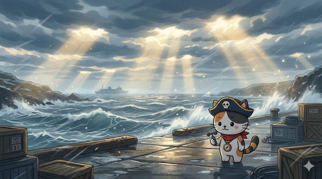 冬の荒れた海を背景に港で風と波の様子を確認しているココロ船長