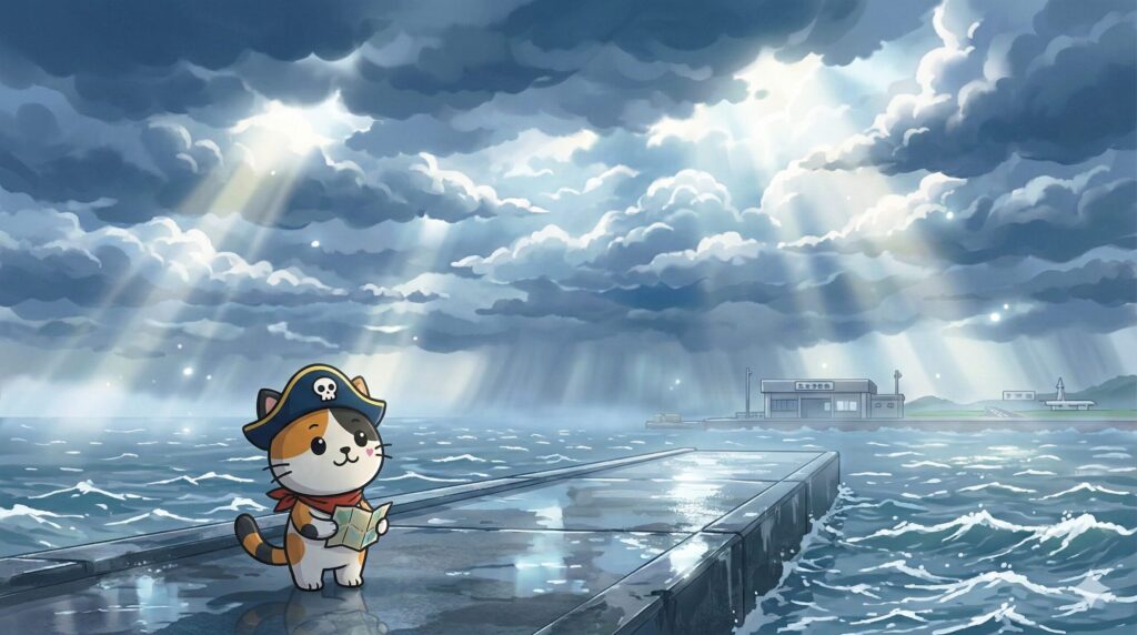 荒れ始めた離島の港を見上げて天候の変化を確かめているココロ船長