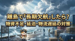 荒天の離島の港で、物資の遅れに備えて小さな荷物を確認しているココロ船長