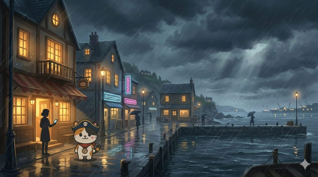 荒天の島の宿の前で延泊の相談をしているココロ船長