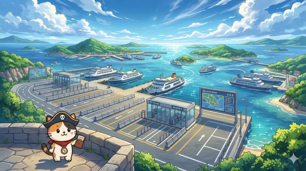 離島の港で乗船前の確認をしているココロ船長