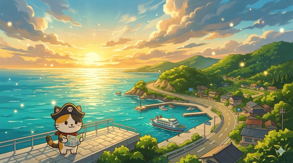 離島の港町を見渡しながら案内を確認しているココロ船長