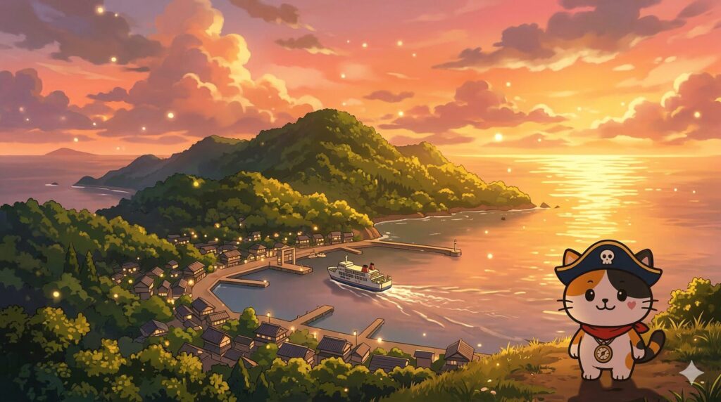 夕暮れの港を見つめながら島旅の余韻を味わうココロ船長