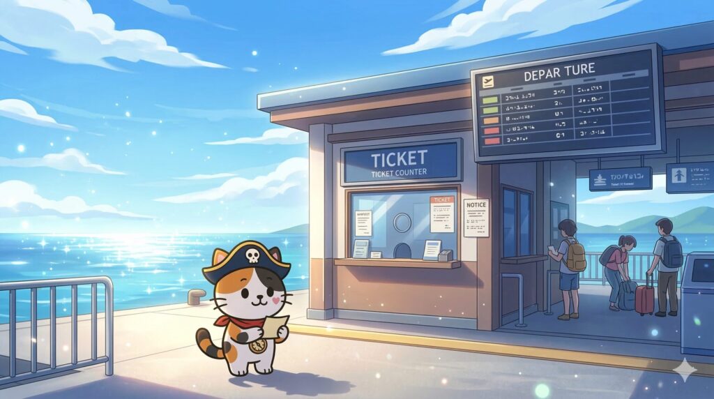 離島の港で案内を確認しているココロ船長