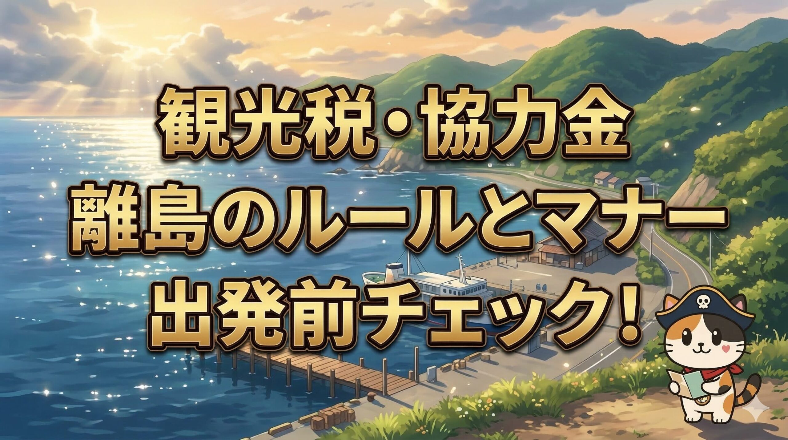 港で旅支度を確認しているココロ船長と、離島旅行のルールを示すサムネイル