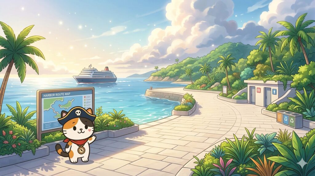 離島の港で観光設備を案内しているココロ船長