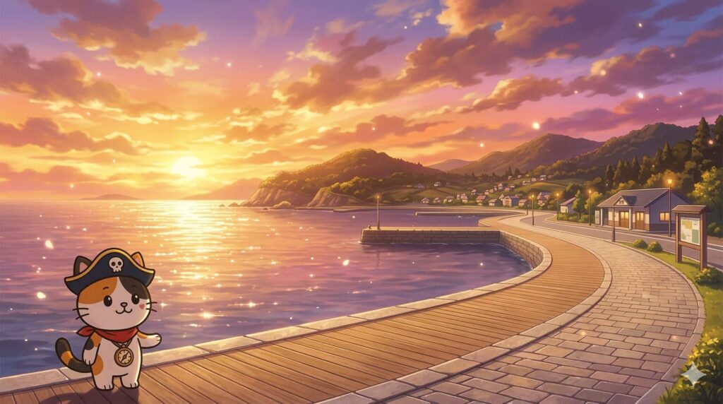 夕暮れの離島の港を見つめているココロ船長