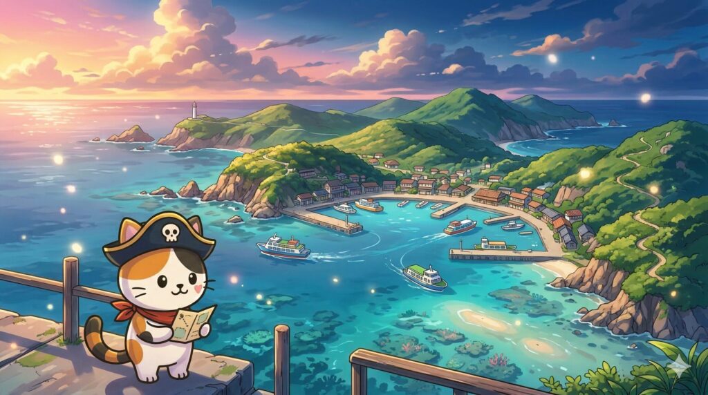 離島の景色を前に旅の準備を整えているココロ船長