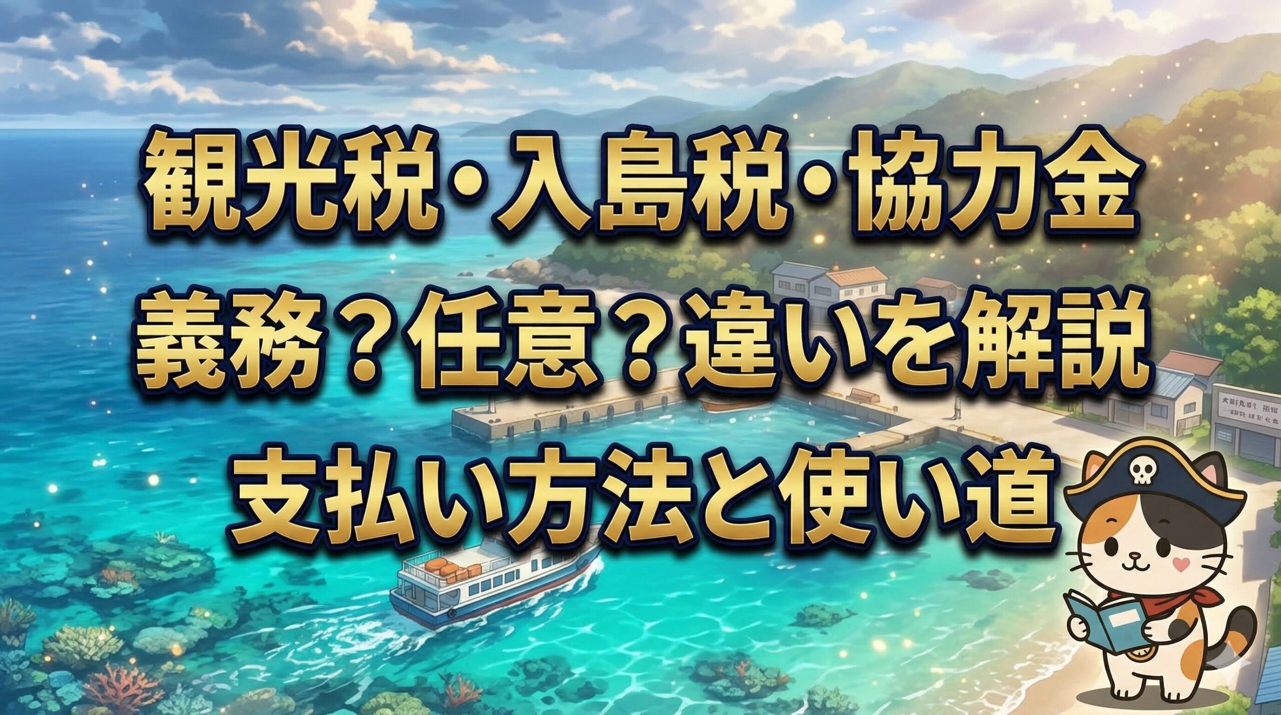 離島の港と海を背景に、旅の案内を確認しているココロ船長