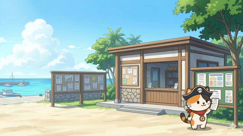 離島の案内所で掲示物を確認しているココロ船長