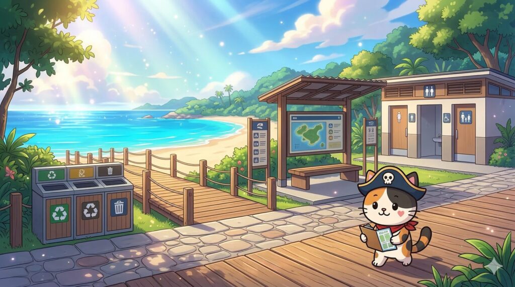 整備された遊歩道や休憩所を見回っているココロ船長