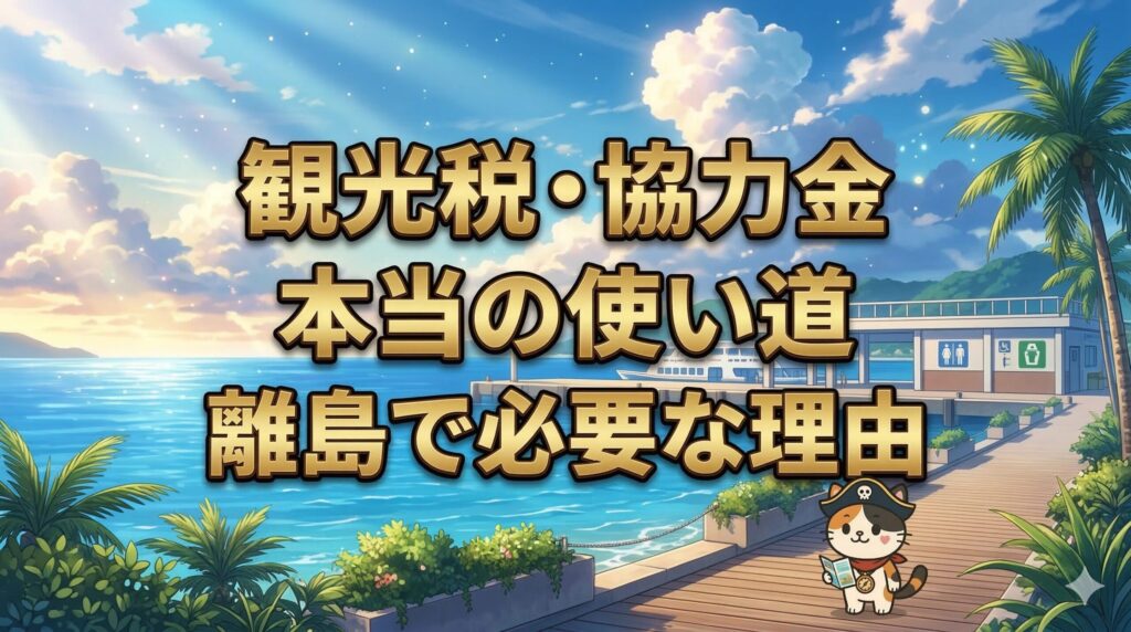 離島の港と観光インフラを背景に、案内をするココロ船長のサムネイル画像