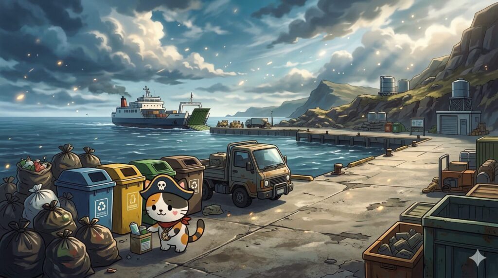 離島の港で資材やゴミ搬出の負担を見ているココロ船長