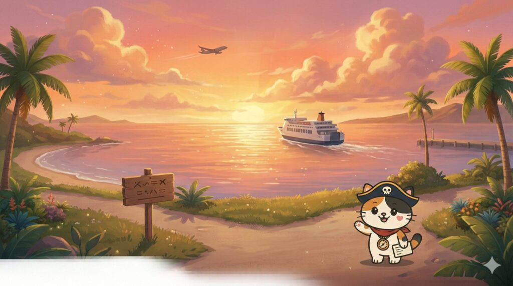 伊良部大橋と下地島空港周辺の風景を背景に、移動手段や時間配分を確認しているココロ船長