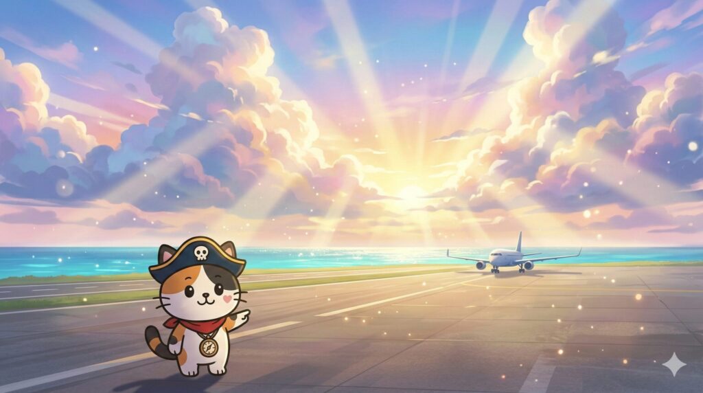 朝焼けの下地島空港と海の地平線を背景に、旅の始まりを案内しているココロ船長