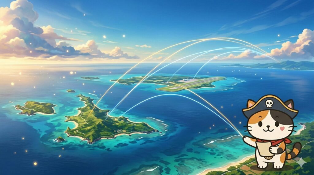 宮古の海と下地島空港を俯瞰した風景の中で、台湾へ伸びる航路イメージを示しているココロ船長