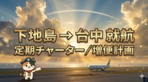 夕焼けの下地島空港の滑走路と飛行機を背景に、台湾・台中行きの就航を案内しているココロ船長