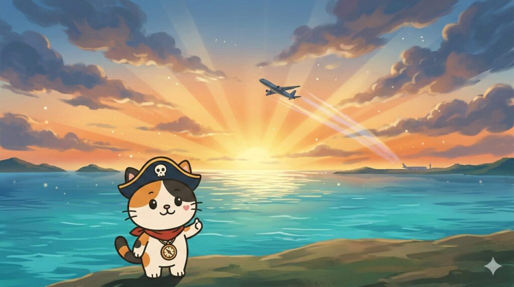 夕焼けの海と離陸する飛行機を背景に、新しい旅の選択肢を示しているココロ船長