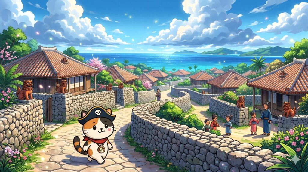 歴史ある集落を歩いているココロ船長