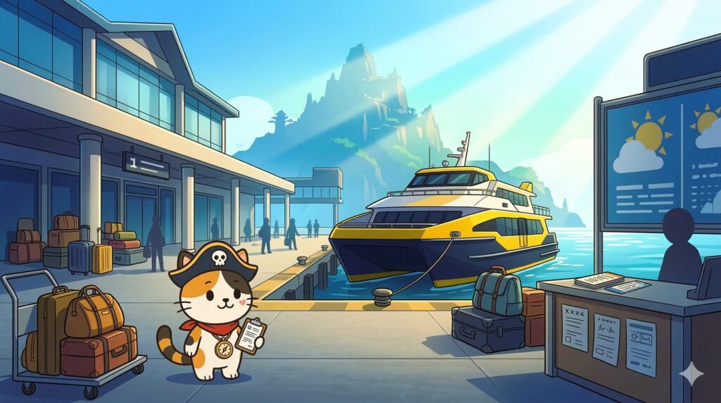 港で出発前の持ち物と書類を確認しているココロ船長