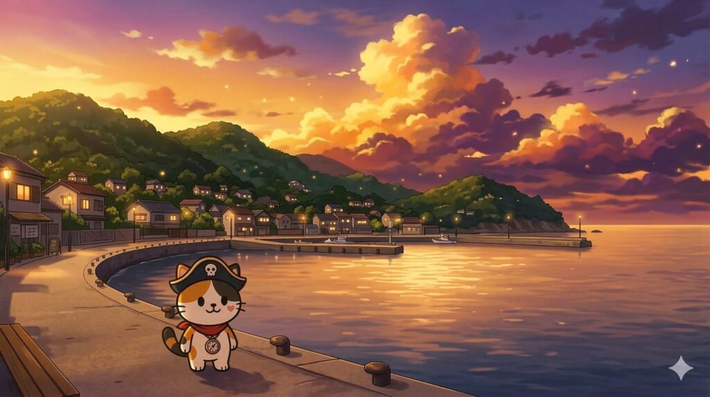 夕暮れの離島の海辺を満足そうに歩いているココロ船長